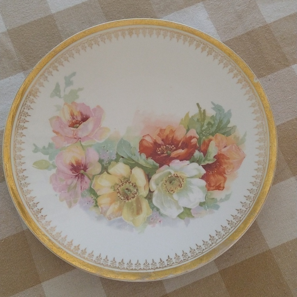 Hand painted porcelain antique plate roses 9 1/4" wide gold trim pink yellow red